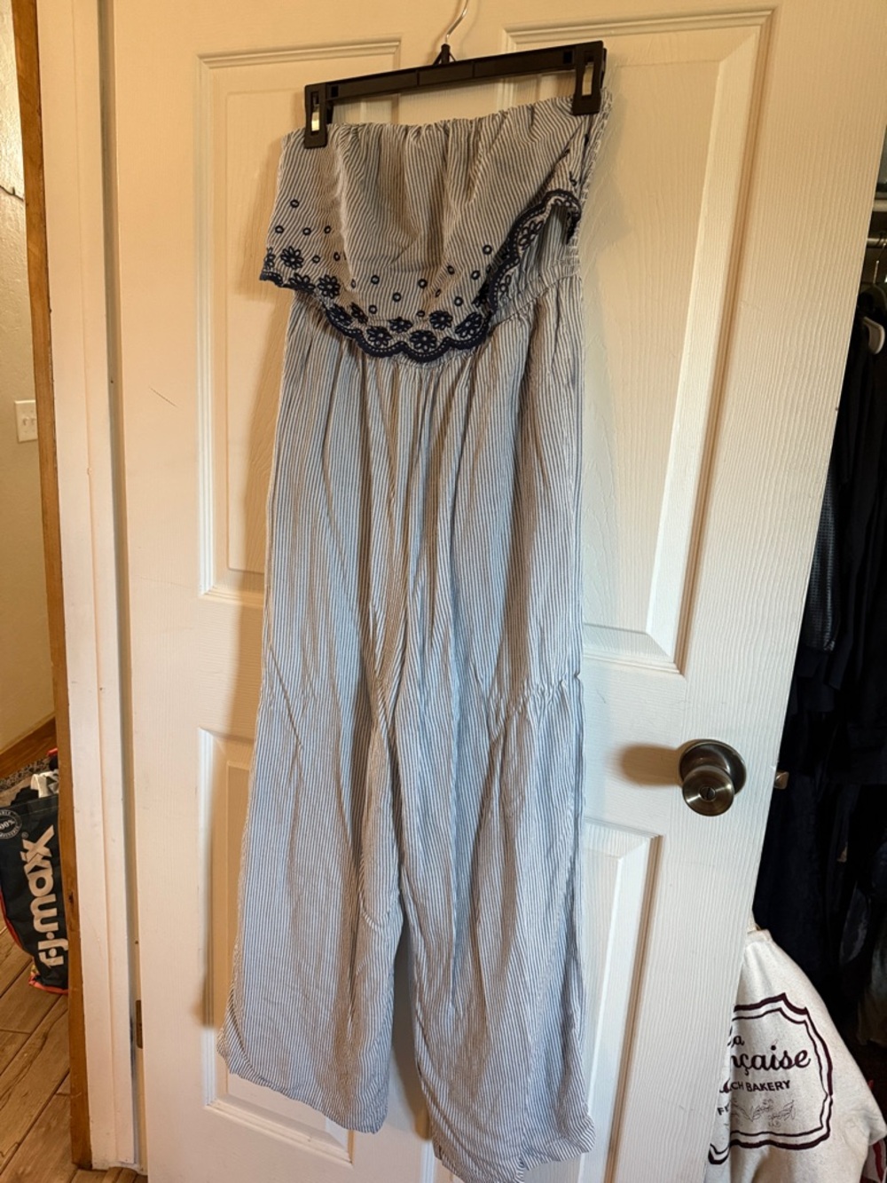 Japna Blue and White Striped Strapless Embroidered Jumpsuit